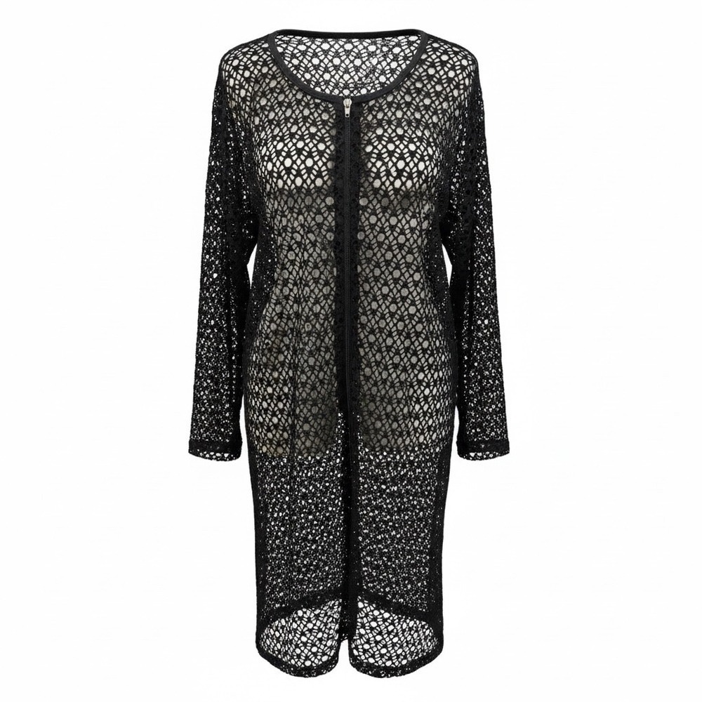 Crochet Knit Zip Up Cardigan CoverUp Size 2X Black Longline Mesh Goth Festival